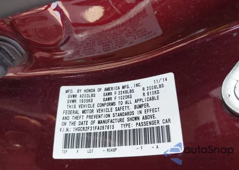 2015 Honda Accord Lx из США, поврежденный, VIN 1HGCR2F31FA067615